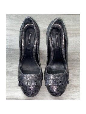 Massimo Dutti PLATA Block Heels Leather Ruffle Trim Silver Gray $130 6.5 / 37